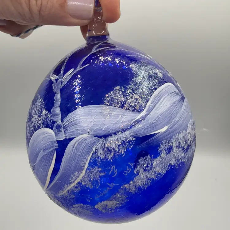 Fenton HTF Cobalt Blue Glass Orb Ornament Glittery Snow Scene With Cardinal D. Frederick Signed