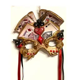 Katherine's Collection Christmas Ornament Gold Poker Mask Cards Hearts Ribbons 4.5x5 in