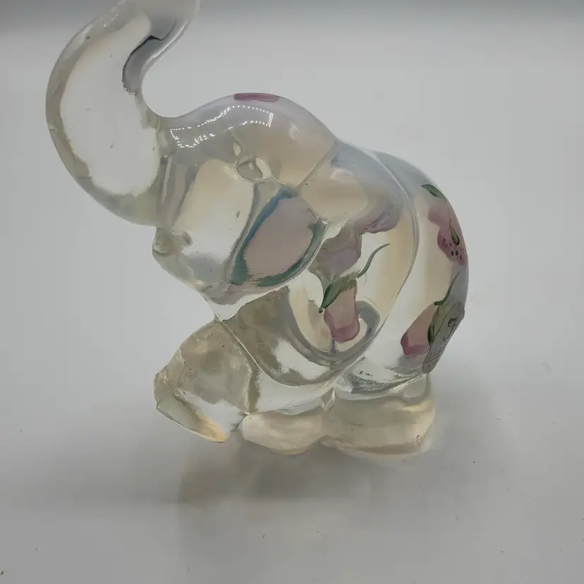 Fenton Clear Opalescent Hand Painted Floral Elephant