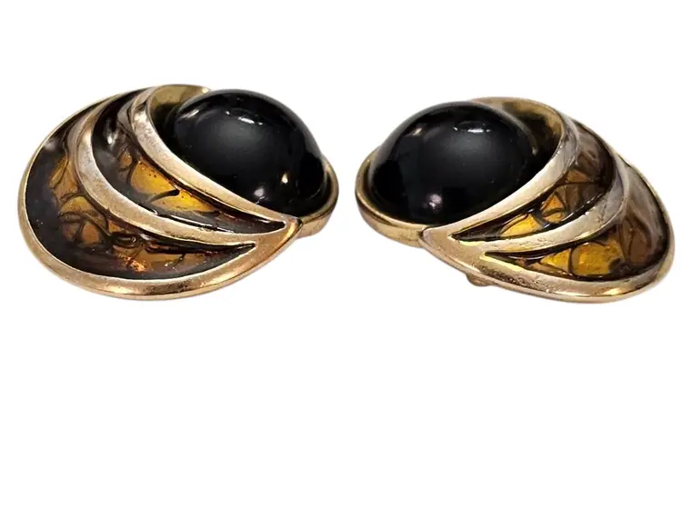 Gold Tone Crescent Moon Round Black Lucite Clip On Earrings, Signed M Jent