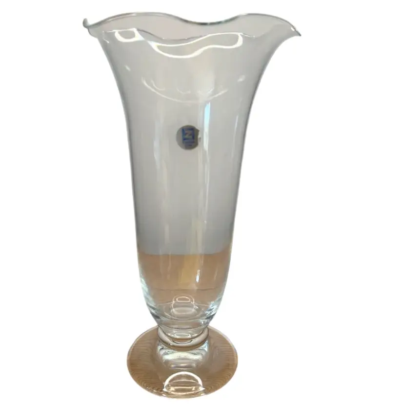 Zwiesel Glas Germany 9 1/2” Tall Clear Footed Scalloped Top Vase With Sticker