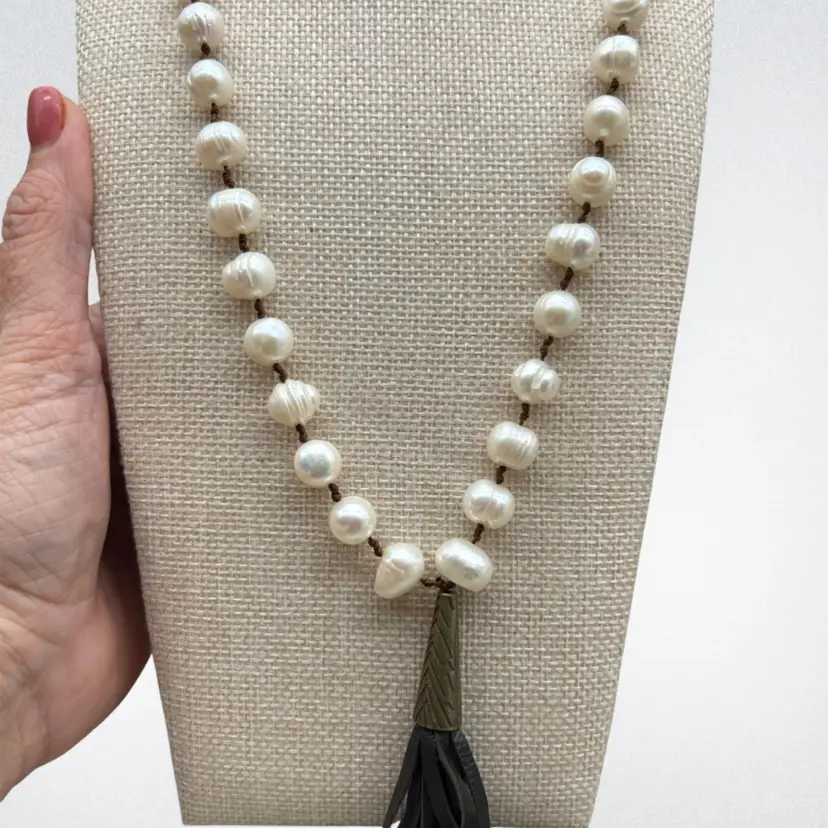 32” Genuine Freshwater Pearl & Braided Leather Tassel Necklace Boho Chic Statement