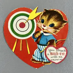 Vintage Die Cut Valentine Greeting Card Anthropomorphic Kitten Cat Bulls-Eye 4"