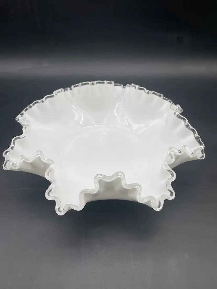 Vintage Fenton Silvercrest White Milk glass Ruffled Bowl Dish 11”
