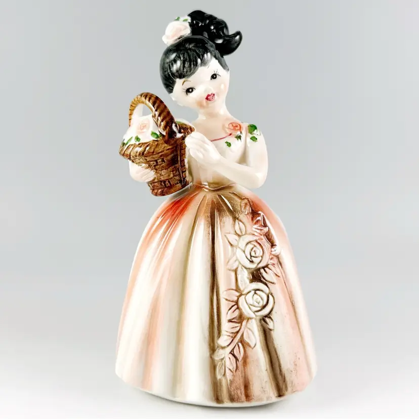 Enesco Girl with Flower Basket Planter, Hand-Painted Ceramic Pink Roses, Vintage Made in Japan