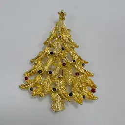 #1798 Christmas Tree Gold Tone Brooch Pin w Enamel Design Colored Balls