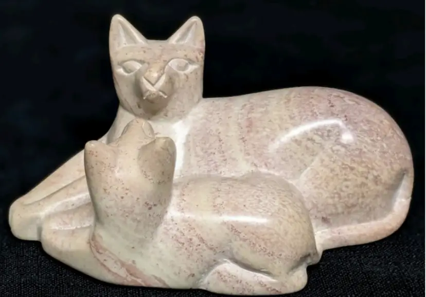 Lovely Super Polished Pink Soapstone Carved Cat Duo Holding "Hands" - 2.25 Inches Tall
