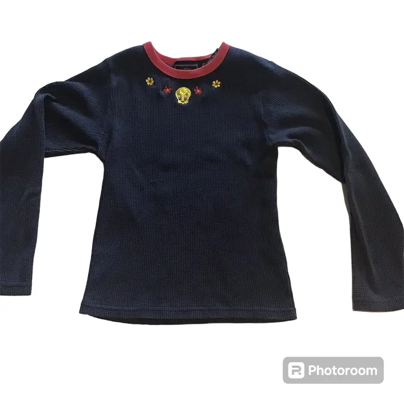 Vtg 90’s Kids Looney Tunes Tweety Bird Thermal Long Sleeve Shirt Sz. L/G Navy