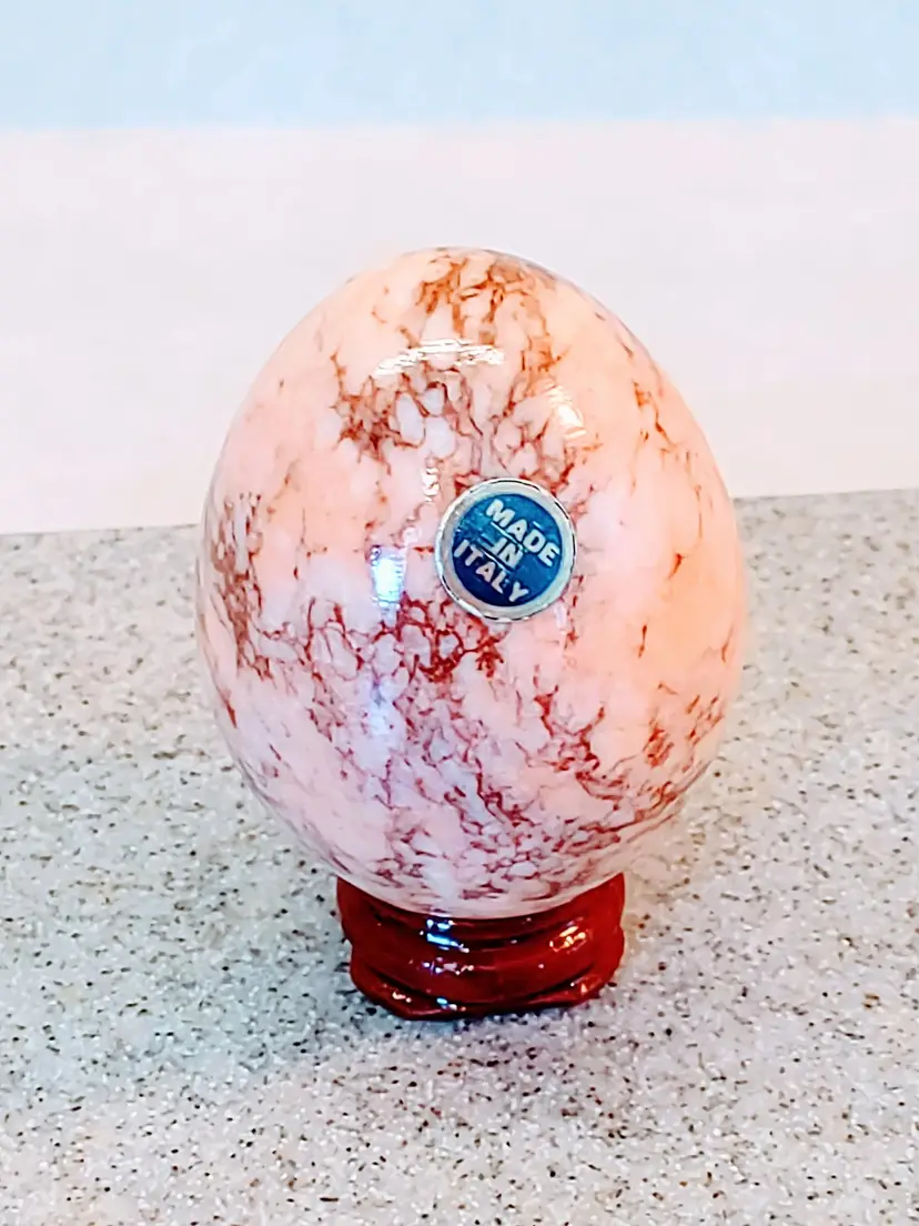 ITALIAN MARBLE PEACH & BROWN TIGER STRIPED EGG 1960s ITALY MADE WITH WOOD STAND