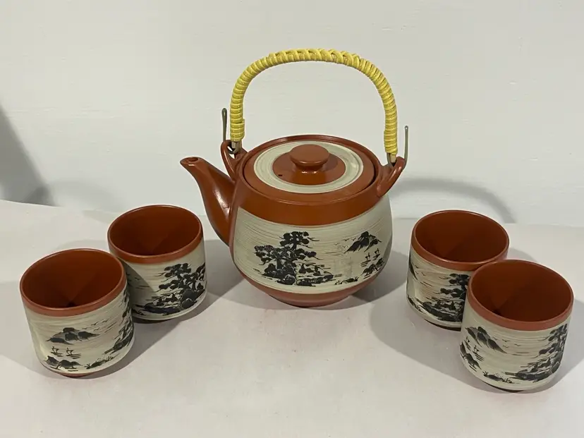 Japanese Clay Terracotta 6 Piece Tea Set Traditional Mountain Ocean Tree Design