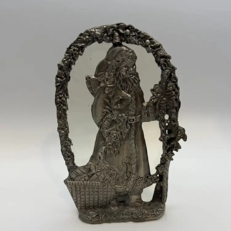 Vintage Pewter Old World Santa with Evergreen Tea Light Holder