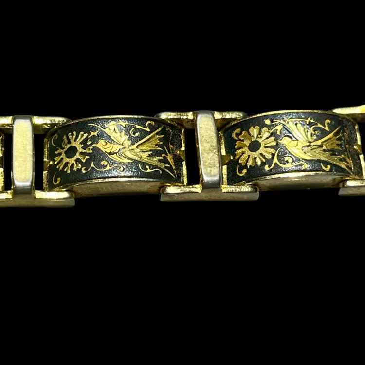 Vintage Spanish Damascene Bangle-Style Link Bracelet – Gold Bird Inlay – 28g