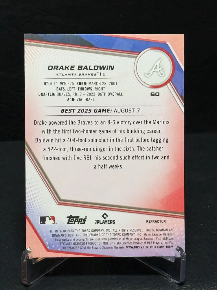 Drake Baldwin 2025 Bowman’s Best #60 RC Refractor Atlanta Braves Rookie Card