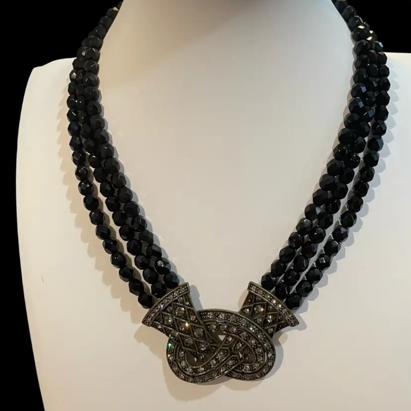 UTC 3 Strand (Heidi Daus Style) Black Glass Rhinestone 16” Necklace