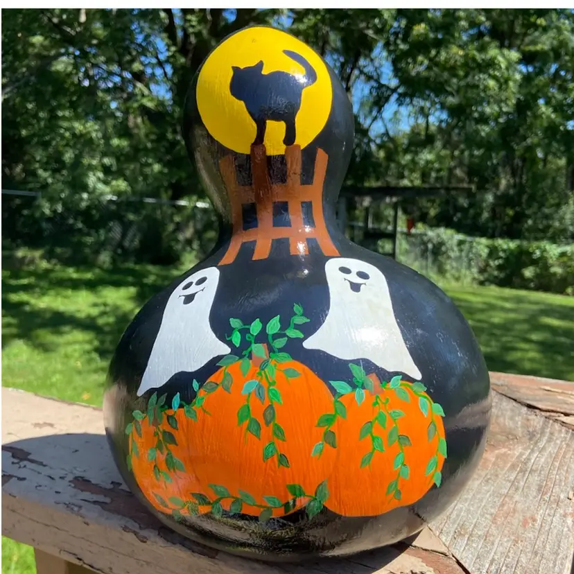 Hand-painted Halloween Gourd. Artist-Signed “BA”. Decorated with Ghosts, Black Cat, Full Moon & Pumpkins. 11”h x 8.5”w.
