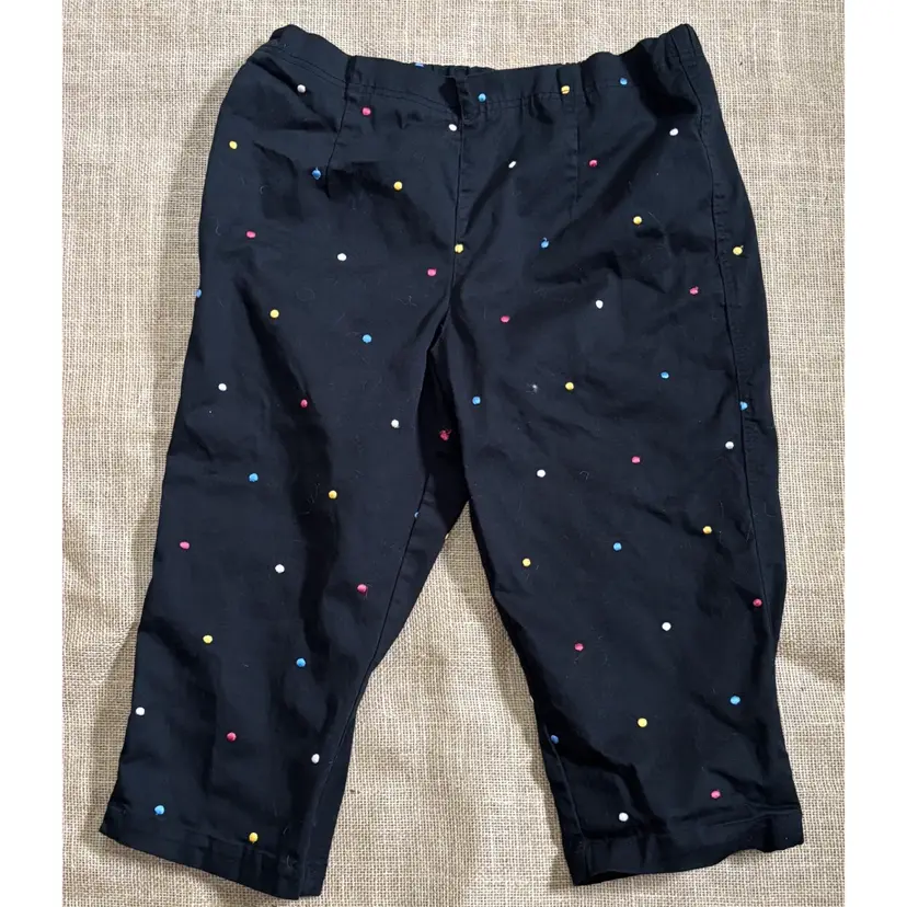 Vintage Black Colorful Embroidered Polka Dots Capris Size 12 Playful Whimsical