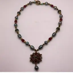 Red Swarovski Crystal & Pearl Necklace with Pendant and Toggle Clasp Artisan Made 18”