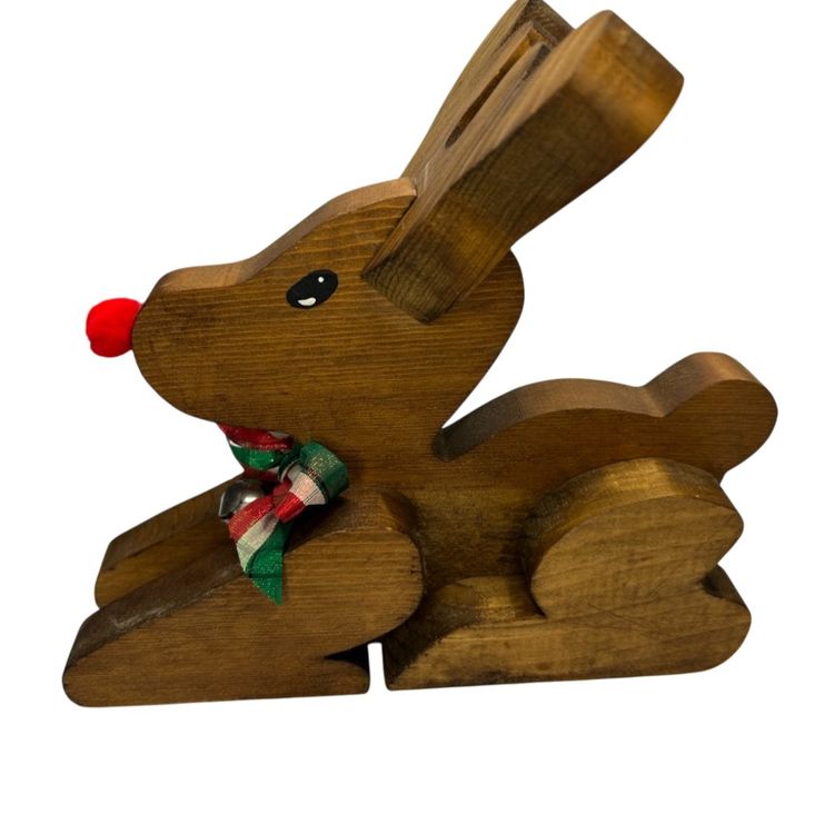 #03 - Vintage Wooden Handcrafted Sitting Reindeer @ 7 1/2x 7x4