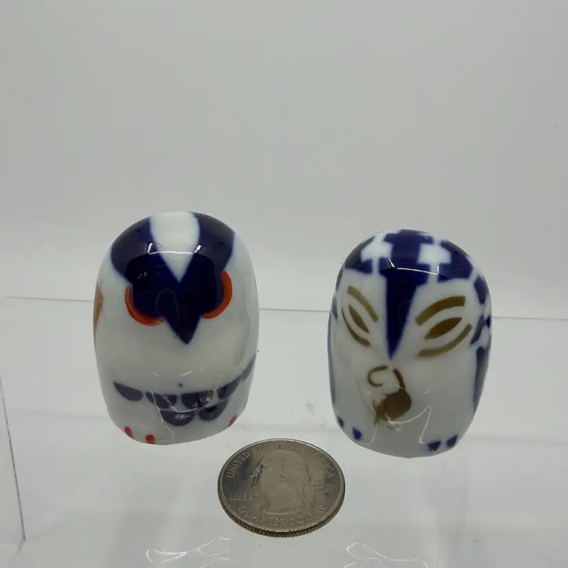 2 Sargaderos Spain Blue & White Porcelain Owl Figurines 1.75”