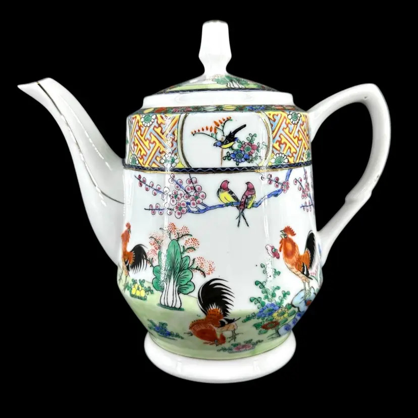 Vintage Chinese Porcelain Famille Verte Rooster Teapot Tea Coffee Pot