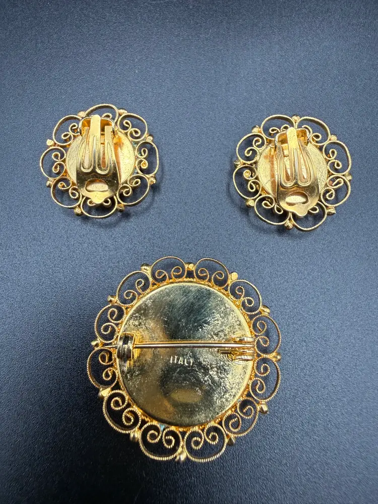 Vintage Italian Micromosaic Brooch and Clip Earrings Set