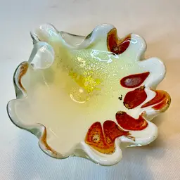 Murano Tutti Frutti  White Gold Brown Art Glass Ashtray Trinket Dish Bowl VTG