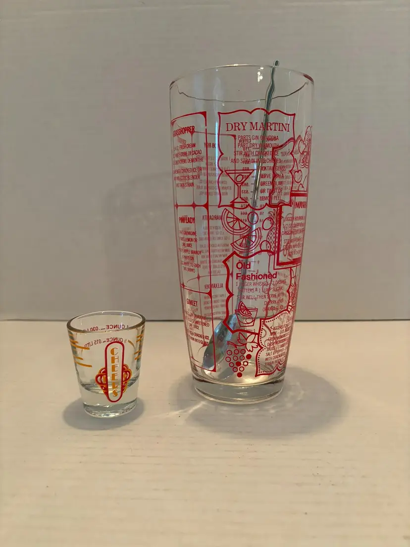 Vintage Irvinware Mixed Drinks Mixer Glass Recipes with Stirrer and Shot Glass