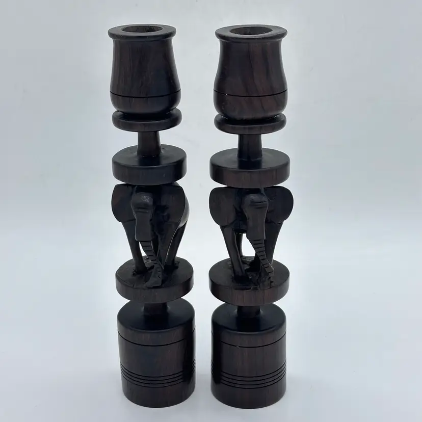 Hand Carved Vintage Wooden Elephant Two Candle Holders African Safari Wildlife