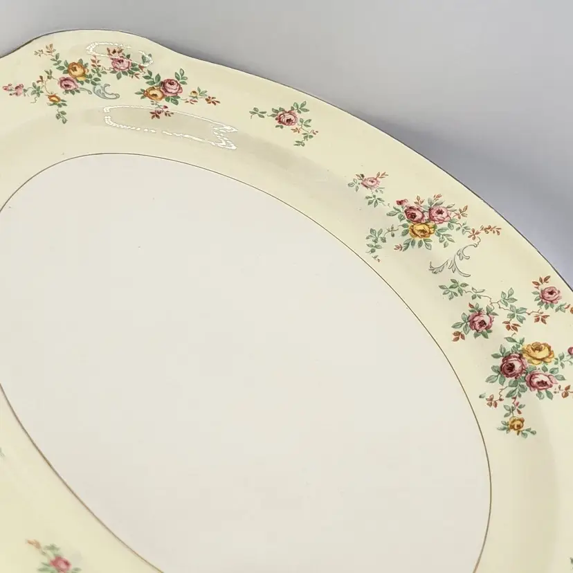 Vintage Floral Serving Platter Taylor, Smith & Taylor #7421 24k gold trim 13x9 1/2" *read