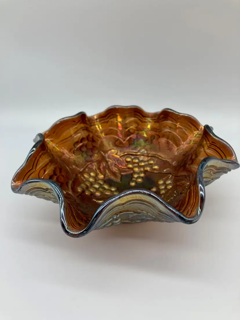 Vintage Fenton Carnival Amethyst Glass Bowl , with Ruffled Edge and a Grapevine Pattern