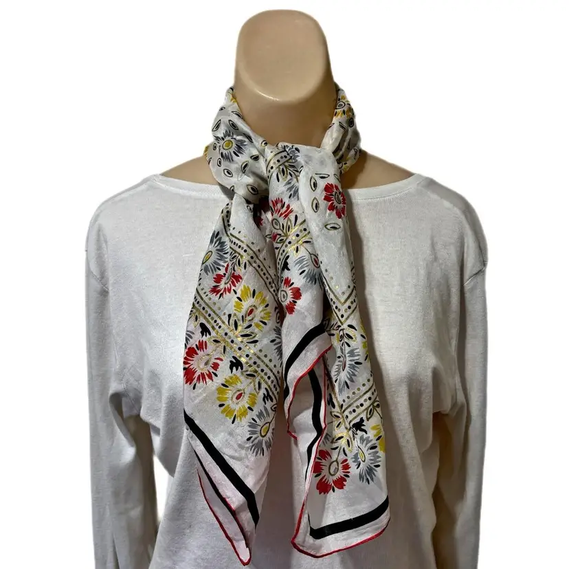 Red Yellow Floral Scarf Japan Square 30x30 Gold Accents Retro 1960s Hand Rolled