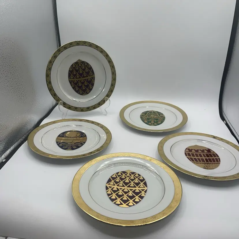 Muirfield Celebrity Plates 9408, Faberge Egg Patterns w/Gold Trim 8.5” Set Of 5