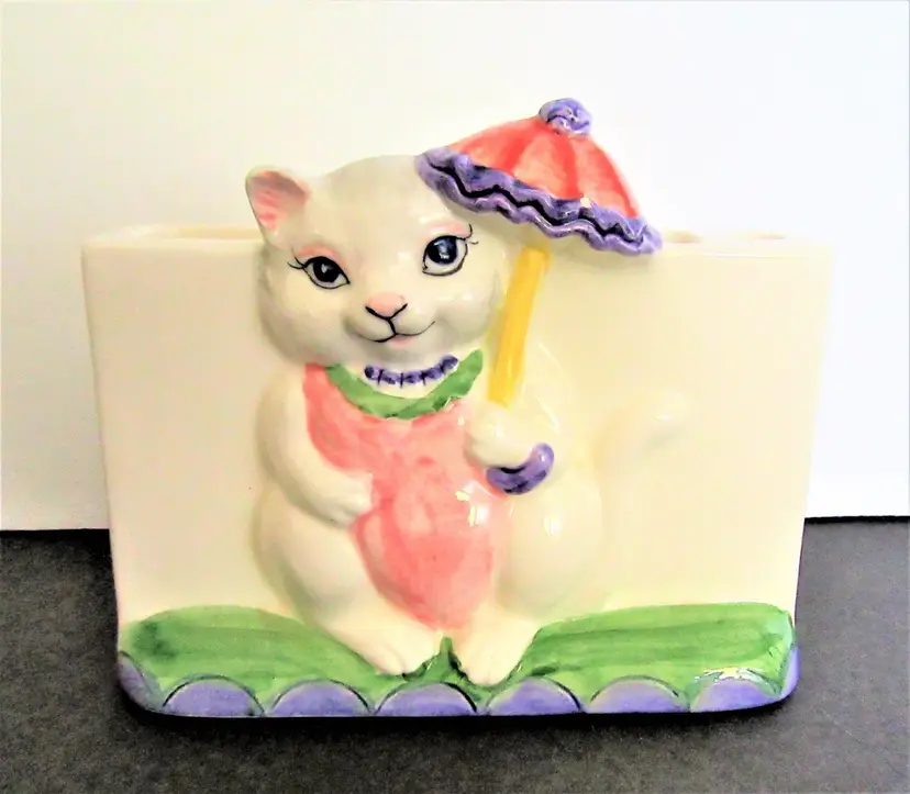Otagiri Kitsch Kitty Cat Memo Pen Holder, Hand Painted Ceramic, Mary Ann Baker Designs, Original Foil Tag