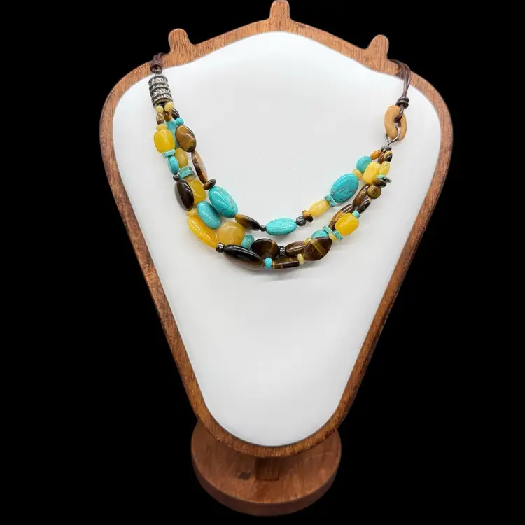 Silpada Chunky Sterling Silver 3 Strand Genuine Stone Corded Necklace N1858 Boho