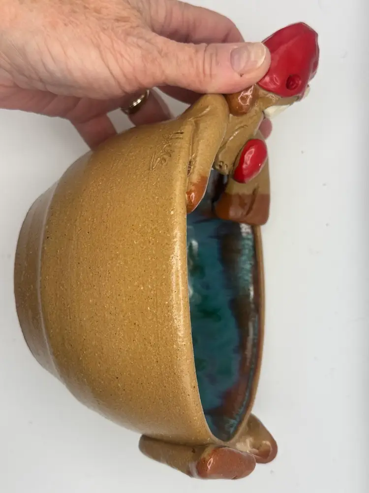 Bill Hicks Art Pottery Reindeer Santa Bowl Signed  - As Is