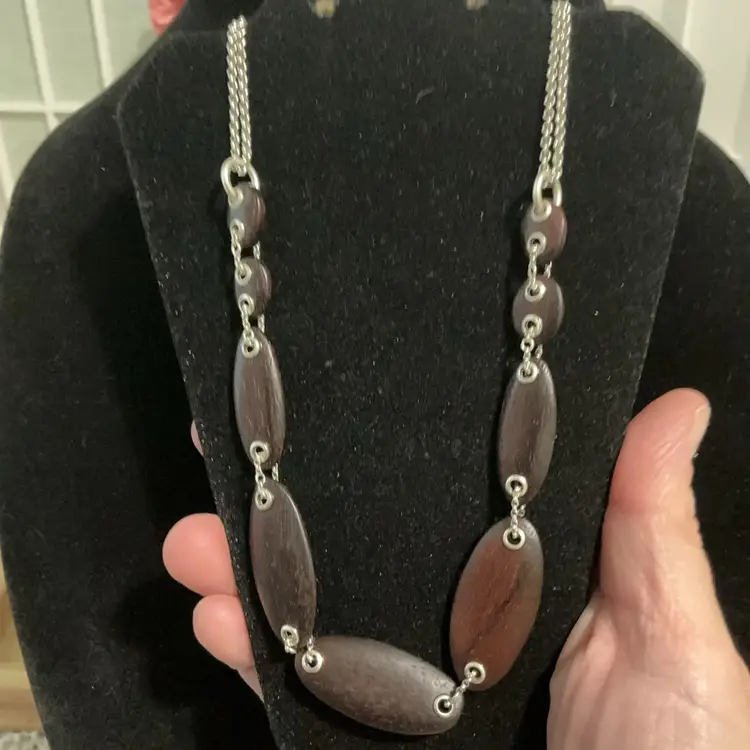 Vintage Silvertone Double Strand Fossil Necklace.  With Interlocking Oval Shape Polish Wood Beads. Gorgeous Necklace!!!