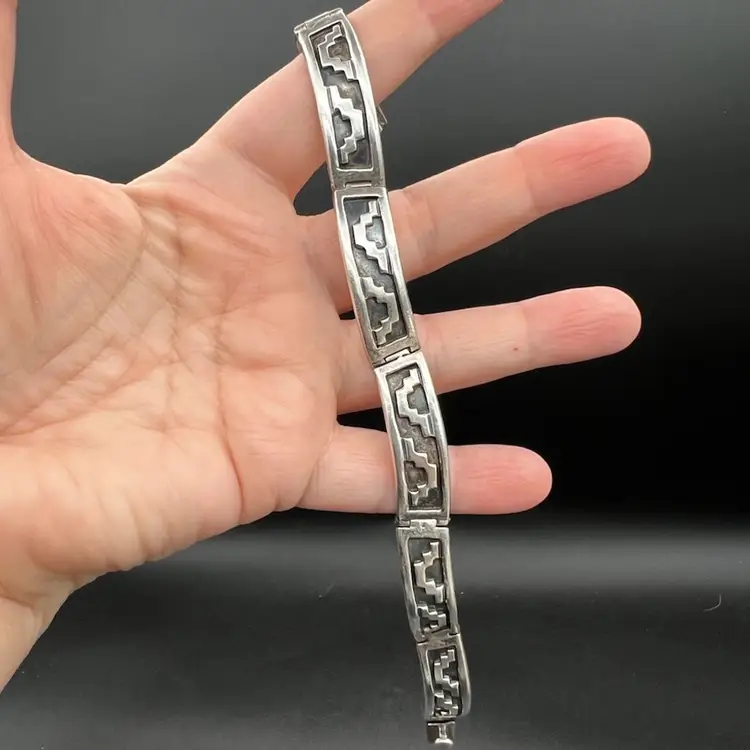 Vintage Taxco Sterling Silver Geometric Linked Bracelet With Aztec Stepped Pyramid Design Overlay