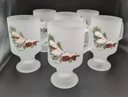 Vintage Tiara Frosted Mug Set 0f 6- Winter Pinecones 1985
