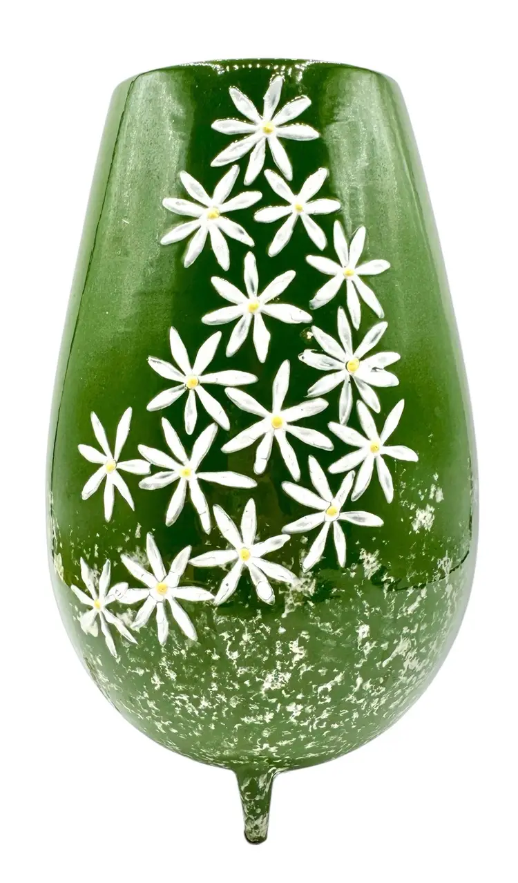 Vintage Mid Century Pottery Ceramic Vase Tripod Rocket 3 Footed Green Daisy 9.5”