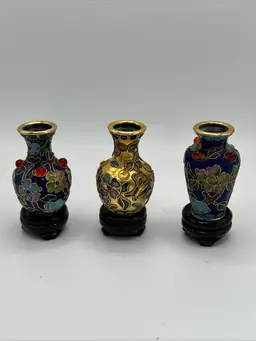 3 Vintage Cloisonne Miniature Bud Vases 2.5" Beautiful