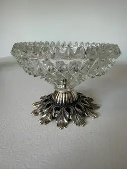 Vintage Pressed Glass Bowl With Silver Plated Pedestal Base