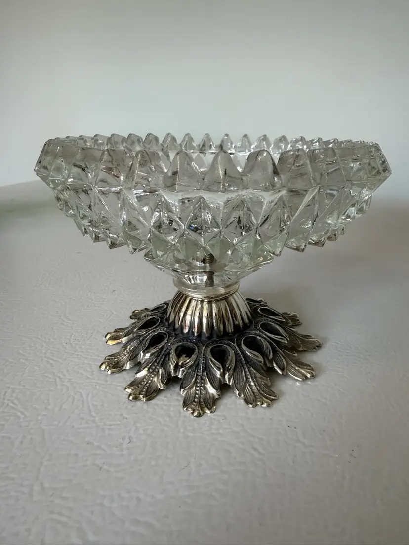 Vintage Pressed Glass Bowl With Silver Plated Pedestal Base