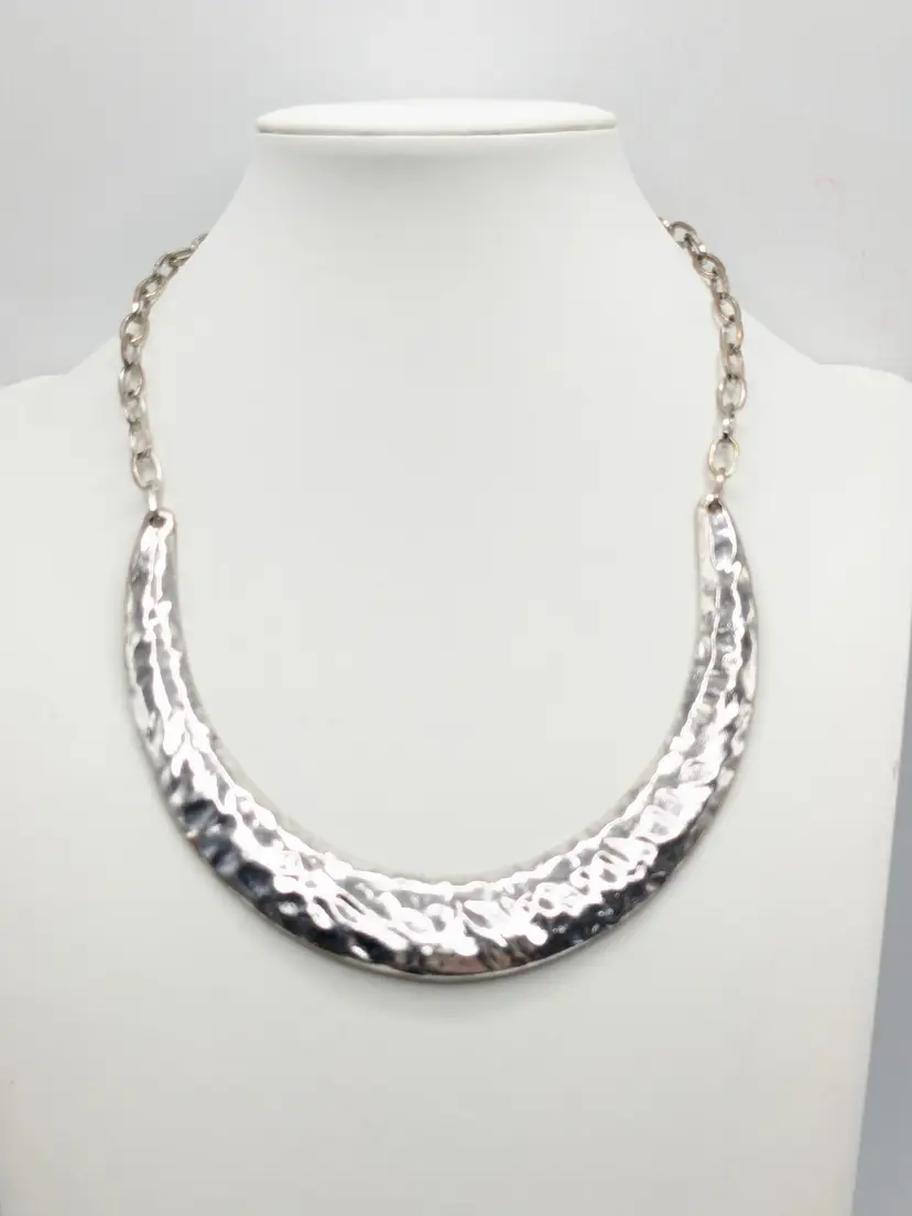 Hammered Silver Tone Crescent Necklace