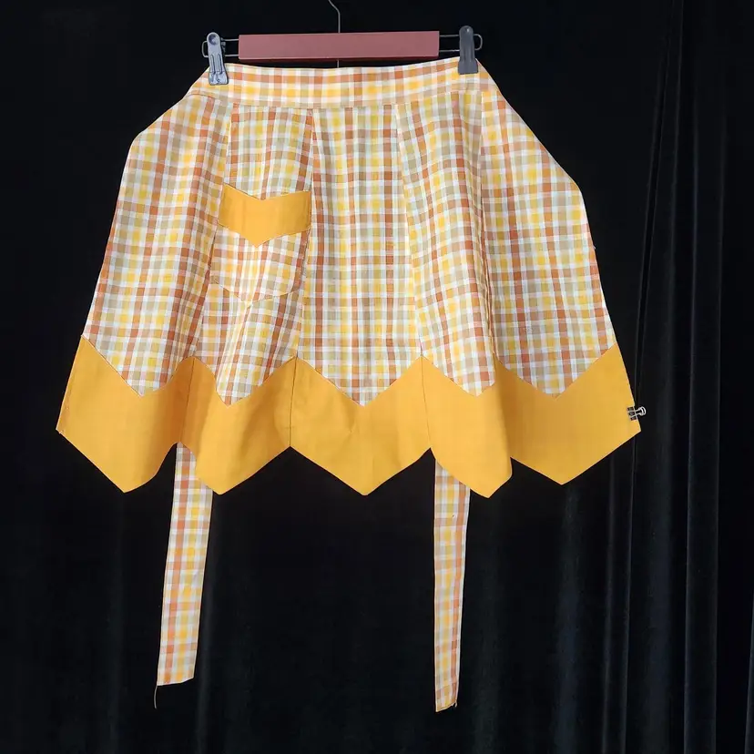 OOAK Half Apron Vintage Kitchen Brown Plaid with Contrasting Chevron Border