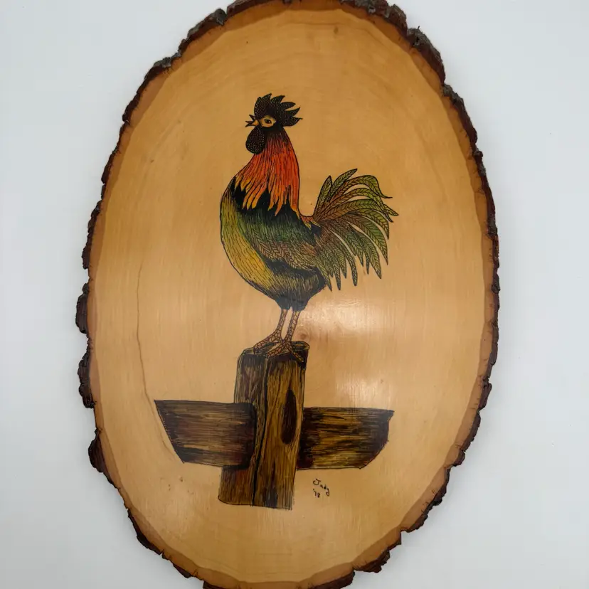 Vtg Tree Bark Rooster Plaque folk art Wood Slice Signed Country Chicken kitsch