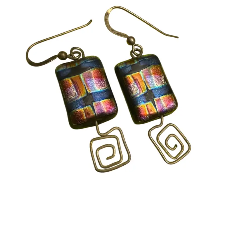 Sterling Silver And Geometric Dichroic Glass - Drop Earrings
