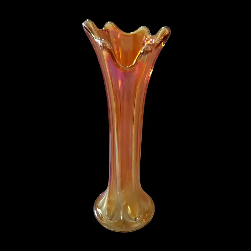 Carnival Glass Vase Marigold Morning Glory Iridescence 7¼" Tall Unbranded Vintage