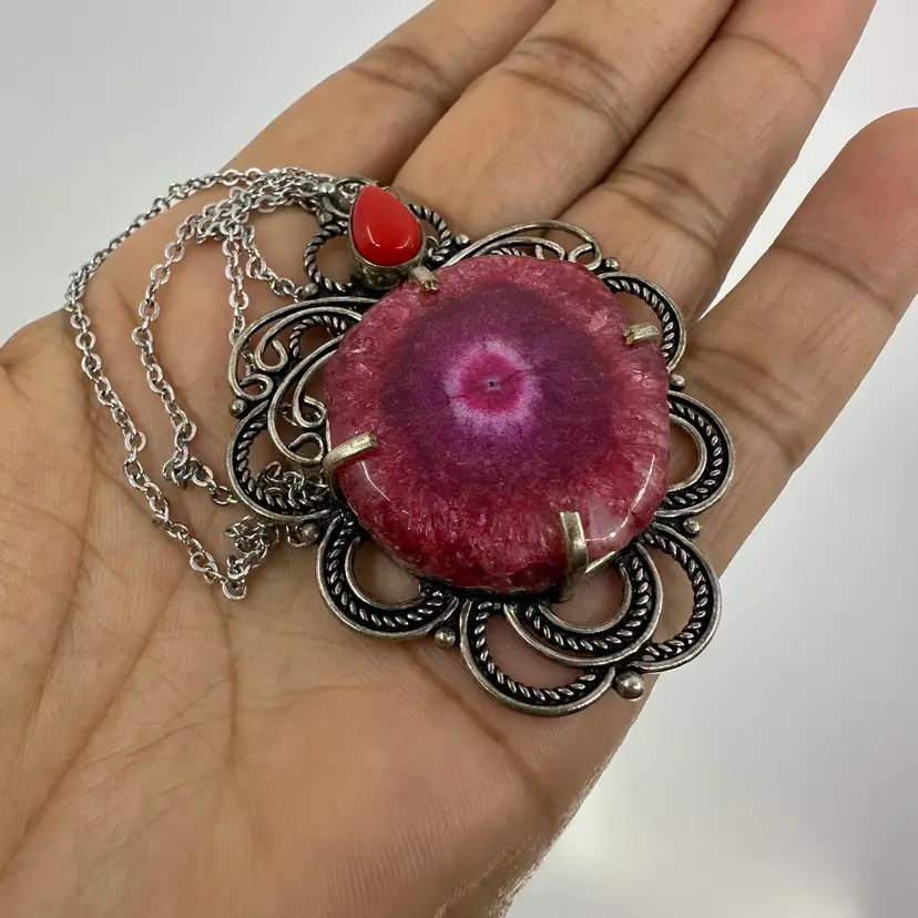 Solar Agate Quartz Gemstone & Red Coral Pendent Silver Tone