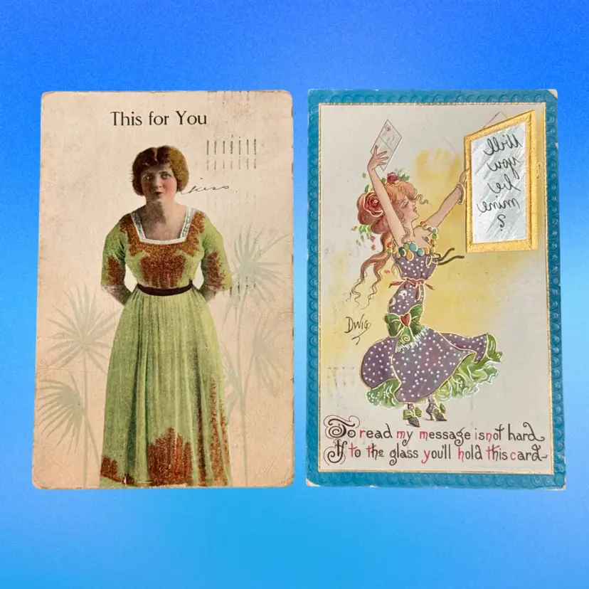 Lot/2 Kinda Craft-y Antique Fancy Lady DB Postcards, Posted