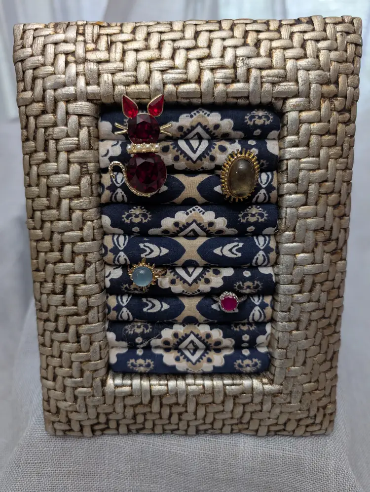Gold toned woven Frame with Blue and gold material repurposed Frame for rings and brooches